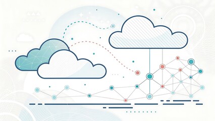 Cloud computing network illustration with minimalist data flow and interconnected nodes.