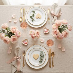 Romantic Table Setting with Flowers and Heart-shaped Cookies