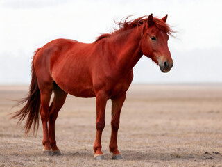 Obraz premium Elegant and Detailed Side Profile Portrait of a Red Horse Standing Calmly Against a Vast Field Background