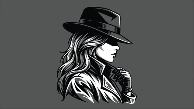 Mysterious Woman in Hat and Trench Coat Vector Illustration 1.
