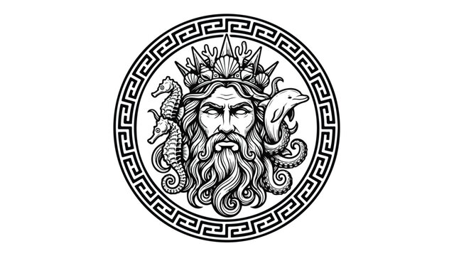 Neptune God of the Sea with Seahorses and Dolphin.