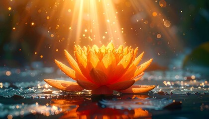 Golden lotus flower blooming on water with bright sunlight and bokeh