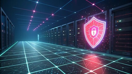 Cybersecurity concept with a glowing pink shield and padlock in a futuristic data center server room.