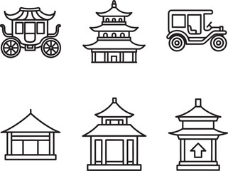 Black line art illustrations of various asian style buildings and vehicles