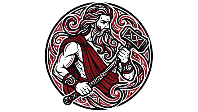 Norse Mythology God Thor with Mjolnir Hammer in Celtic Knot Circle.