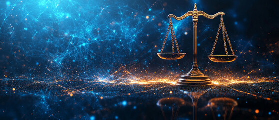 Golden scales against a glowing network symbolise the balance between technology and justice, which would be a suitable conceptual backdrop for legal or IT conferences.