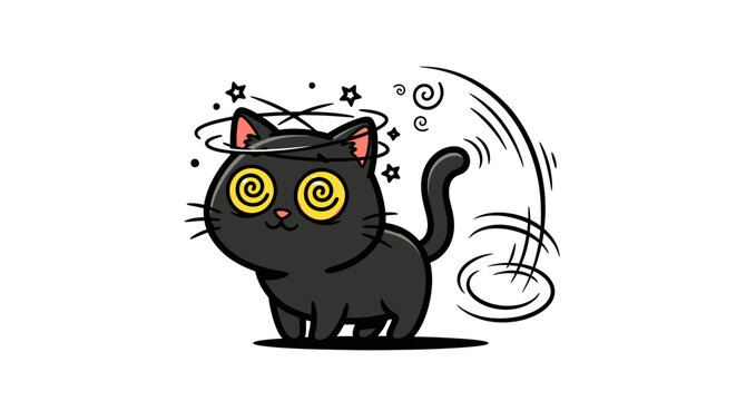 A cute cartoon black cat with spiral eyes looking dizzy and confused, with swirling lines around its head and tail.