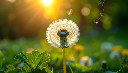 Dandelion seed head in a green field with bright golden sunlight and bokeh background.