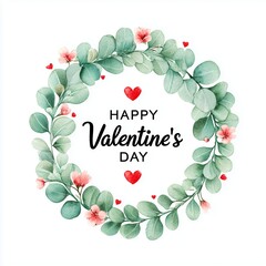 A decorative circular wreath composed of green leaves and soft pink flowers, interwoven with small red heart icons. In the center, the phrase Happy Valentine's Day is written in a custom stylized font