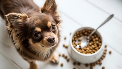 Cute chihuahua dog looking at camera with dog food nearby
