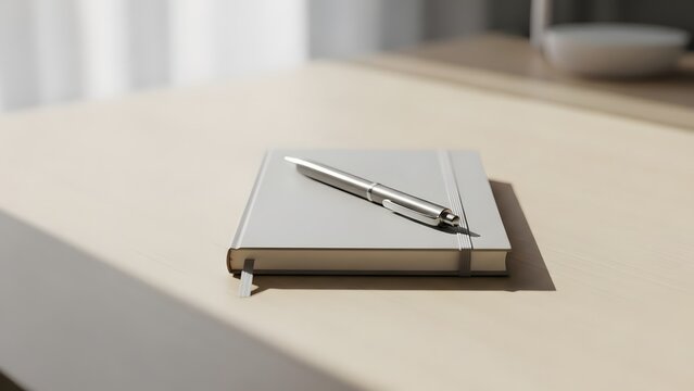 A silver pen rests on a closed notebook on a beige desk in a bright and airy room with natural light.