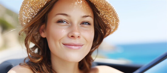 Smiling woman in a straw hat sitting in a car near the sea, sunlit travel vibe with copy space, ideal for summer vacation, road trip freedom, and lifestyle marketing.