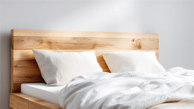 Bright minimalist bedroom with wooden headboard and white bedding, soft daylight and airy space, ideal for hospitality, real estate, sleep comfort, and clean interior design.