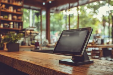 Modern touchscreen point of sale terminal displayed on a wooden counter in a cozy cafe during a sunny afternoon