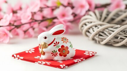 Beautiful white rabbit figurine with floral design on red cloth