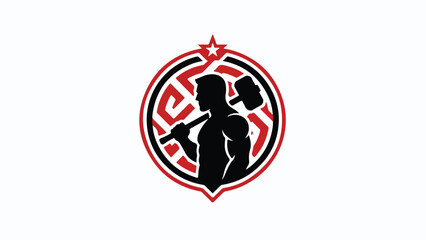 Obraz premium Strong man with hammer in a circular emblem symbolizing power and fitness.