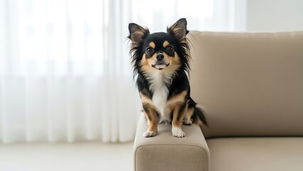 Cute dog sitting on the arm of a sofa in living room