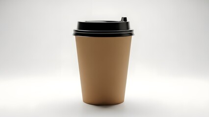 Brown disposable coffee cup with black lid