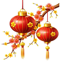 Chinese new year two red lanterns with gold flowers hanging from blooming branch transparent background