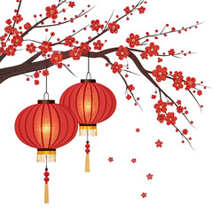 Chinese new year two glowing red lanterns hanging under red plum blossoms branch transparent background