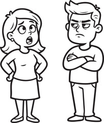 Bold line drawing standing couple feeling frustrated relationship conflict emotional concept illustration on white background