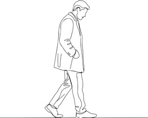 Bold line drawing lonely walking man expressing solitude journey emotion minimalist illustration on white background