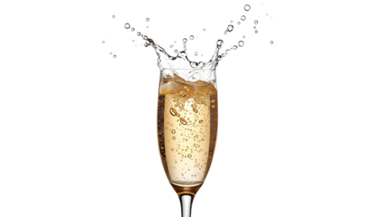 A champagne flute with bubbly liquid splashing on transparent background