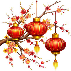 Blooming cherry blossom branch with hanging red paper lanterns for spring lunar festival
