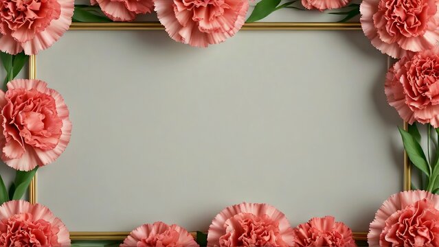 Dusty pink carnation floral frame with gold border on neutral background. Generative AI. 