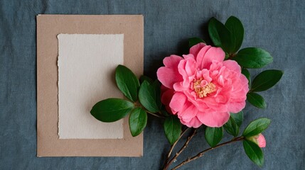 ピンクの花と紙が置かれたテーブル