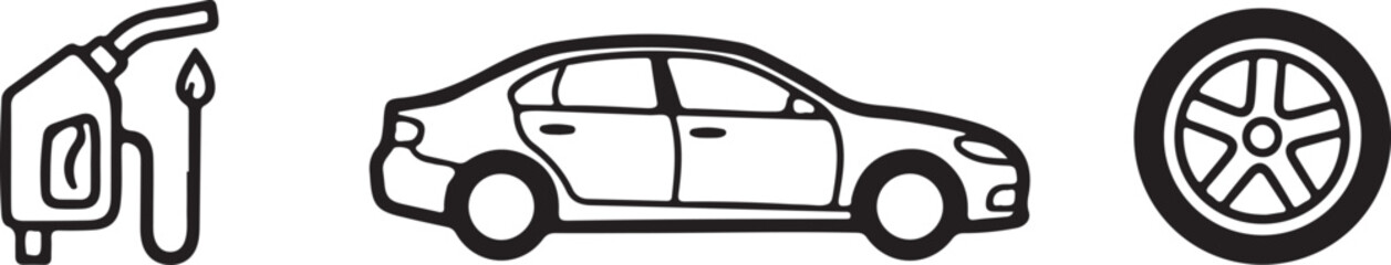 Bold line drawing business icons gas nozzle car wheel transportation fuel service concept illustration