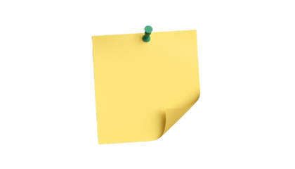 A yellow sticky note with a green pushpin on transparent background