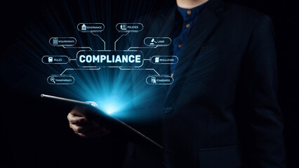 Naklejka premium Compliance ensures alignment with standards, laws, and policies. A strong compliance system helps enforce regulation, protect organizations, and improve global compliance transparency. Elide