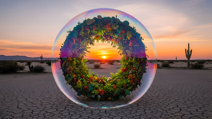 Large soap bubble with floral wreath and sunset inside on sandy ground