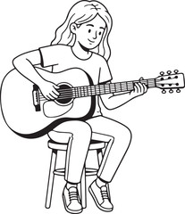 Bold line drawing girl playing acoustic guitar music hobby creativity artistic concept illustration