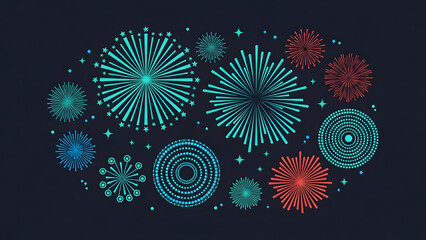 Colorful firework designs on a dark background with blue and red patterns
