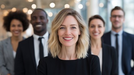A diverse group of six professional business people, composed of three men and three women, stand together in a modern office or corporate lobby.