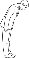 Bold line drawing businessman bowing down showing respect apology humility professional concept illustration