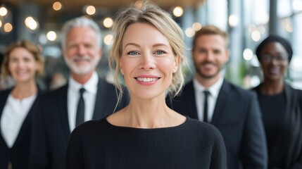 A diverse group of six professional business people, composed of three men and three women, stand together in a modern office or corporate lobby.