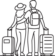 Bold line drawing travelling couple standing with baggage luggage tourism vacation concept illustration