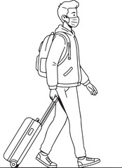 Bold line drawing traveler walking with rolling luggage wearing face mask travel safety concept illustration