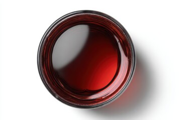 Top view of a wine glass filled with deep red liquid against a transparent background, showcasing the rich color and clarity of the beverage