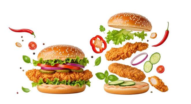 Assembled crispy fried chicken burger, floating deconstructed elements, and dynamic fresh spicy ingredients on transparent studio background, energetic spicy food advertisement