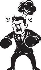Silhouette caricature angry businessman wearing boxing gloves corporate conflict power concept illustration