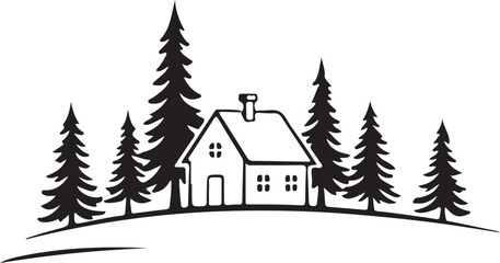 Simple elegant christmas decoration winter countryside landscape house and spruce trees illustration