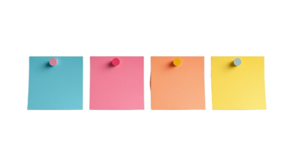 Four colorful sticky notes pinned on a transparent background for reminders and notes