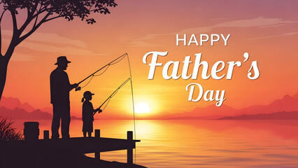 Happy father's day celebration with family fishing at sunset