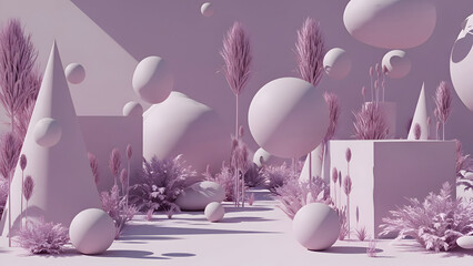 Minimalist modern art installation with purple geometric shapes and plants on white background