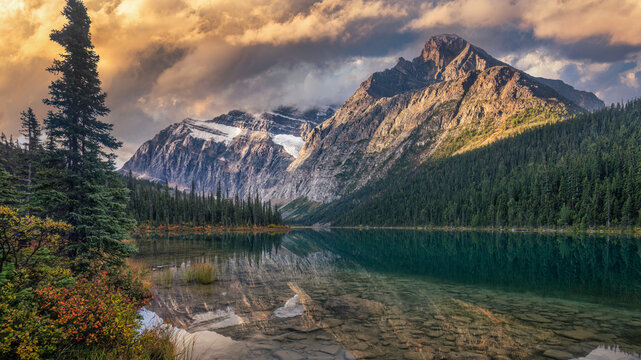 Sunrise at Edith Cavell lake with glacier view - Jasper National Park