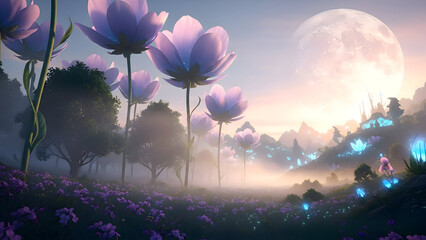 Dreamy fantasy landscape with purple flowers trees moon and fireflies in magical atmosphere